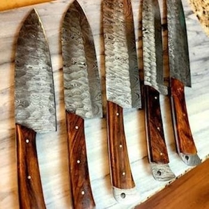 Handmade Damascus Steel 5-Piece Kitchen Set Wood Pure Leather Sheath Includes Chef's Cleaver Bread <b>Steak</b> Fruit All Carbon Steel - Product Image 4