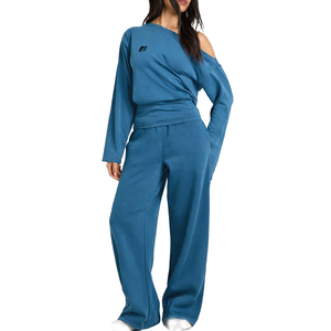 Conjunto de Sudadera Asimétrica de Manga Larga para Mujer, Pantalones Casuales de Punto de Algodón y Bambú Azules con Bolsillos, Ropa de Otoño - Product Image 1