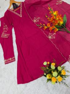 Designer Embroidery Sequence Work Chanderi Silk <b>Kurti</b> With Bottom And Dupatta Ready To Wear Set - Product Image 6