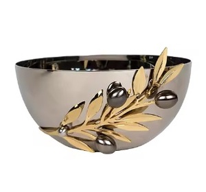 ชามเสิร์ฟสแตนเลสสีเงินหรูหราพร้อมฐานรูปดอกแมกโนเลียสีทอง ชามสลัดผลไม้โลหะสวยงามสำหรับตกแต่งบ้านและโรงแรม - Product Image 6