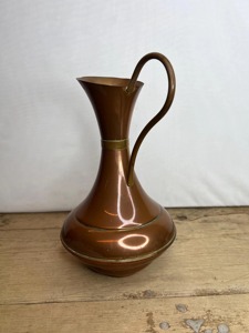 Vintage Copper Water <b>Jug</b> With Brass Handle And Band Solid Color Metal Pitcher For <b>Drinks</b> 10–12.9 In Height - Product Image 3