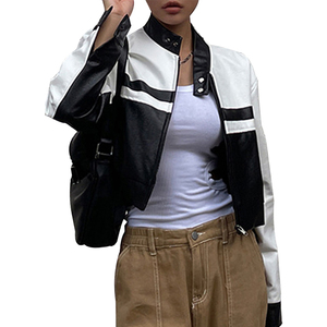New Arrival Autumn Streetwear Contrast Outerwear Woman Race <b>Car</b> Motorcycle Cropped Biker Leather <b>Jackets</b> for Women OEM - Product Image 3