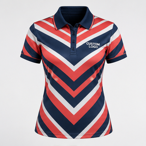 Polo à manches courtes pour femme avec logo personnalisé, rouge, blanc, bleu foncé, chevron, séchage rapide, sublimation, vêtements de sport pour le golf - Product Image 1