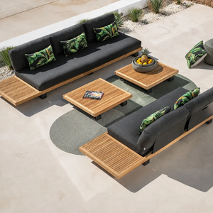 Elegant <b>Teak</b> <b>Wood</b> Outdoor Sofa Set with Charcoal Cushions Slatted Coffee Tables and Tropical Garden Patio <b>Furniture</b> - Product Image 2