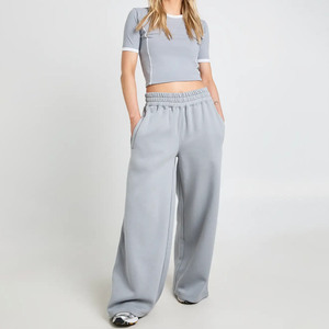 Offre Spéciale – Ensemble 2 Pièces Femme : Pantalon de Survêtement Gris en Polaire Coupe Ample et Haut à Manches Courtes Col Rond Couleur Unie – Tenue Décontractée Sportive Longueur Entière - Product Image 1