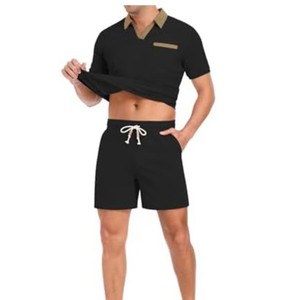 Conjunto de Camiseta Polo y Pantalones Cortos de Algodón Negro para Hombre, Venta al Por Mayor 2026, Ropa Casual de Verano, Transpirable, Tejido de Punto, Color Sólido - Product Image 3