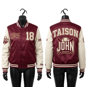 เสื้อแจ็คเก็ตบอมเบอร์ผู้หญิง ผ้าซาตินคุณภาพสูง สีเขียวและสีเทาตัดกันที่แขนเสื้อ ปักลายเชนิลล์ ปักโลโก้ เสื้อแจ็คเก็ตผู้หญิง - Product Image 3