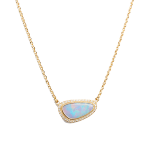 Collier Pendentif Halo en Opale, Or Jaune Massif 14K 18K, Pendentif Pierre de Naissance, Collier Minimaliste Élégant pour Anniversaire - Product Image 1