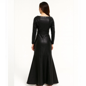 Women's Black Faux Leather Maxi Dress With Zipper And Belt Asymmetrical Collar Three Quarter Sleeve - Product Image 6