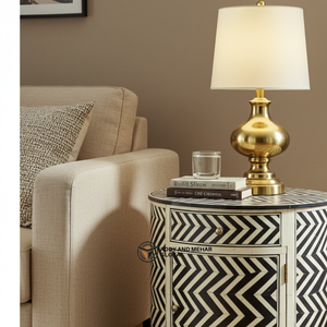 Modern Eco-Friendly <b>Black</b> Chevron Bone Inlay Drum <b>Side</b> <b>Table</b> Artisan Handmade Bedroom Furniture Living Room Accent <b>Table</b> - Product Image 3