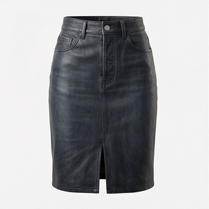 Falda lápiz de cintura alta de piel sintética para mujer, hasta la rodilla, de color sólido con abertura frontal, para todas las estaciones. - Product Image 1