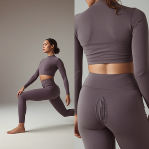 <b>Slate</b> Purple 2-Piece Workout Set-High Waist Quick Dry Leggings & Long Sleeve Top with Front Logo | Premium Activewear - Product Image 2