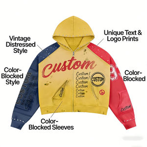 500GSM French Terry Vintage Wash Men's Oversized Graphic <b>Zip</b> Up Rhinestone Boxy Hoodie Distress Patchwork Cotton Hoodie Unisex - Product Image 3