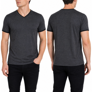 T-shirt personnalisé pour homme, gris foncé, col en V, bordure contrastante noire, coupe ajustée, décontracté, basique, vente en gros, OEM, manches courtes - Product Image 1
