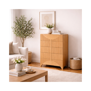 Cómoda moderna de madera con ranuras, 5 cajones, armario de almacenamiento para dormitorio, precio directo de fábrica, proveedor OEM ODM, venta al por mayor - Product Image 1