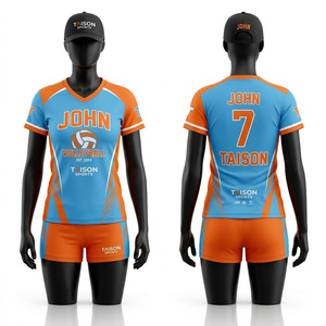 Custom <b>Women</b> Volleyball <b>Jersey</b> <b>Shorts</b> Set 140 GSM Polyester Mesh Blue Orange Sublimated Sportswear - Product Image 1
