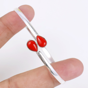 Wholesale 925 Sterling Silver Plated Natural <b>Red</b> Coral Opaque Gemstone Teardrop Cuff Bangle Boho Minimalist Two Stone <b>Bracelet</b> - Product Image 6