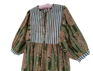 Femmes été coton robe mi-longue tigre vert rayé col profond chaîne fermeture lâche décontracté Long bloc imprimer Mini robe naturel - Product Image 3