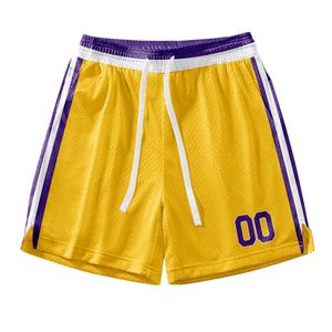 Ensemble d'uniformes de basket-ball jaunes personnalisés style rétro avec bordure de col blanc et violet, maillot et short, design rétro avec nom et numéro d'équipe - Product Image 5