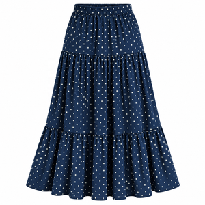 Jupe midi trapèze bleu marine à pois pour femme avec taille élastique et volants, style Prairie Chic - Product Image 1