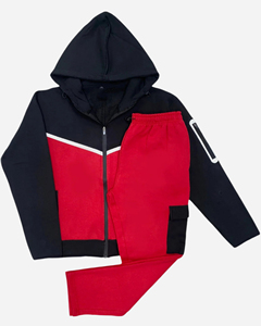 Ensemble de survêtement à capuche pour garçons, rouge et noir, avec blocs de couleur, manches longues, fermeture éclair, style sportif décontracté, pantalon de jogging d'automne avec poches latérales - Product Image 4
