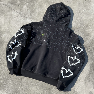 Sweats à capuche streetwear effet vieilli pour hommes, avec strass et designs personnalisés, en molleton 100% coton délavé à l'acide, style pull-over de survêtement - Product Image 2