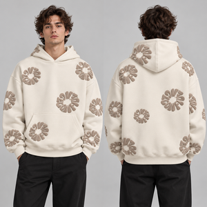 Sweats à capuche imprimés violet foncé avec motifs floraux lilas, commandes en gros, vêtements décontractés, streetwear, texture en relief, options de tailles - Product Image 4