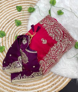 Imperial Elegance Fendy <b>Satin</b> Embroidery Designer Saree Sequence Work Heavy Border Butti Stitched <b>Blouse</b> Wrinkle Free Quick Dry - Product Image 1