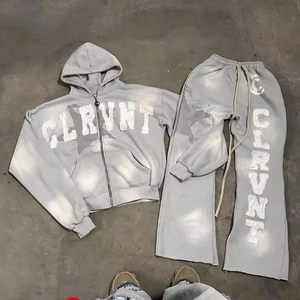 Screen Print Sun Faded Winter Heavyweight Breathable Quick Dry Streetwear Custom Cotton Rhinestone Acid Wash Zip Tracksuit - Product Image 6