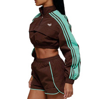 Conjunto de cortavientos y shorts deportivos de mujer a la moda, personalizados, con cremallera corta, ligeros, para verano, estilo urbano, con capucha.