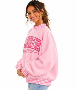 Pull-over décontracté surdimensionné à col montant pour femme, en tissu épais, avec patchwork à carreaux et gingham, style universitaire streetwear, vente en gros personnalisée - Product Image 3