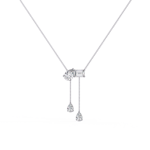 Collier Lariat en Platine PT950 avec Breloques en Diamants de Laboratoire Taille Poire et Taille Émeraude et Chaîne Double Pendentif Élégante - Product Image 1