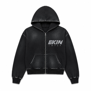 เสื้อฮู้ดซิปผู้ชายสีดำทรงโอเวอร์ไซส์จาก Ekin Impex สไตล์สตรีทแวร์ มีกระเป๋าหน้าและโลโก้พิมพ์ซิลค์สกรีน - Product Image 3