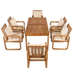 Ensemble de table à manger rectangulaire en teck à plateau lamellé avec 6 fauteuils à base de traîneau et coussins pour terrasse en bois - Product Image 4