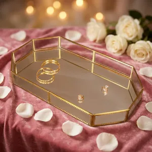 Plateau de rangement en verre miroir de luxe moderne au design artisanal avec cadre en laiton, forme polygonale, pour bureau, présentoir à bijoux, organisation - Product Image 4