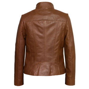 Women Genuine <b>Leather</b> Moto Biker <b>Jacket</b> Stand Collar Full Sleeve Zipper Closure Autumn/Winter Outerwear <b>Brown</b> Sheep <b>Leather</b> Top - Product Image 6