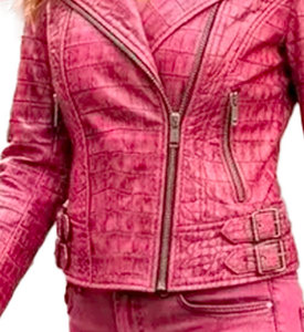 Women's <b>Pink</b> Croco Emboss Leather Moto <b>Jacket</b> With Zipper Closure And Embossed Texture Full Sleeve Autumn Style - Product Image 2