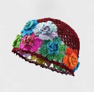 Hand Knitted Letter <b>Beanie</b> Hat Breathable & <b>Waterproof</b> 100% Cotton Adjustable Boho Style for Women Adult - Product Image 1