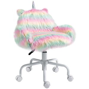 Sedia da Ufficio Direzionale in PU Stile Unicorno Soffice con Braccioli Girevoli Arcobaleno, Ruote in Nylon e Schienale Medio, Sedia da Ufficio Colorata per Vanity - Product Image 1