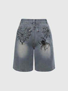 Shorts de Mezclilla Góticos de Cintura Alta con Estampado de Telaraña, Corte Holgado, Lavado Vintage, Pierna Recta, Shorts de Verano para Mujer - Product Image 2