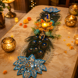 Peacock Diya Table Runner Handmade Floral Candle Holder Wedding <b>Mandir</b> Pooja Festival Home Decor Gift Item - Product Image 3