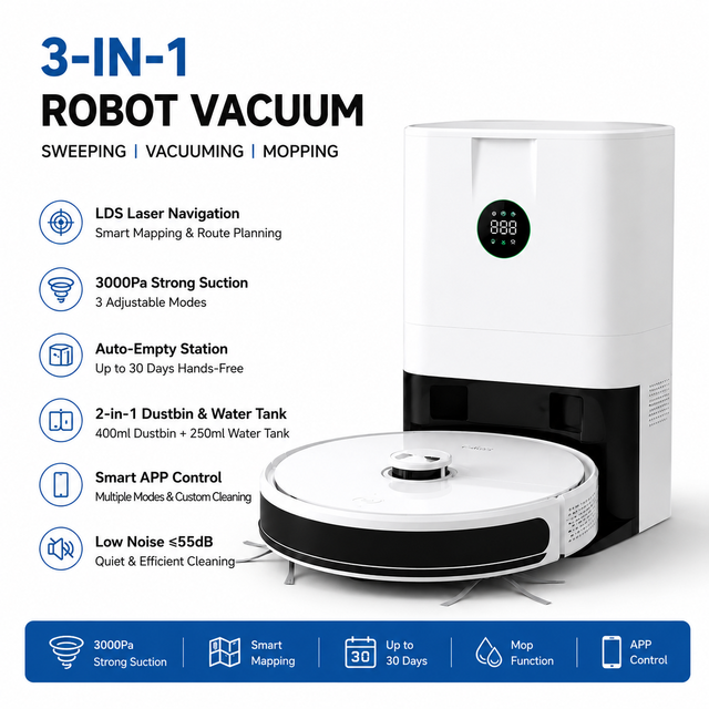 Wholesale Ai Vacuum Cleaner Robot with Auto-Empty Base LDS Laser Navigation 3-in-1 Vacuum Cleaner for Hard Floor and Carpet