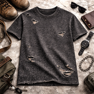 เสื้อยืดวินเทจสไตล์ทำเก่า ขาดๆ แบบโอเวอร์ไซส์ ผ้าฝ้าย สตรีทแวร์ ยูนิเซ็กส์  ไม่มีลาย รับผลิตตามแบบ (OEM) ขายส่ง - Product Image 1