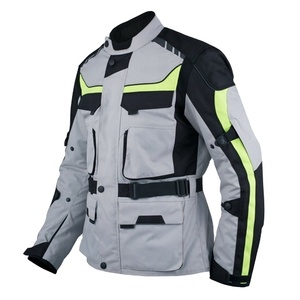 Blouson de moto unisexe en cuir gris, noir, jaune fluo, respirant, coupe-vent, col montant, manches classiques, style motard hiver - Product Image 5