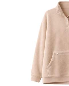 Sudadera con capucha de forro polar extragrande beige para mujer, con cuello de botón a cuarto, bolsillo canguro, gruesa, de invierno, de fabricante - Product Image 3