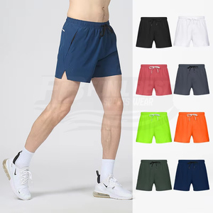 Men's <b>Black</b> Quick Dry Drawstring Sport Shorts Solid Color Elastic Waist Knitted Polyester Short Length Front Logo - Product Image 4