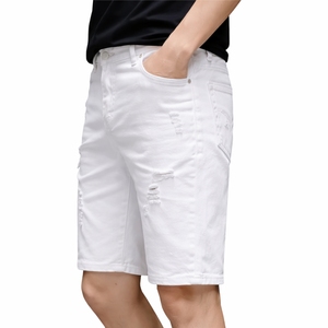 <b>Mens</b> White Distressed Denim Shorts Ripped Frayed Holes Five Pocket Style Clean Hem Slim Straight Fit Casual Summer Jorts - Product Image 1