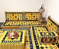 Ensemble de coussins de sol orientaux arabes pour deux personnes, motif Qatar, couleur moutarde, avec garnissage en mousse de densité 22