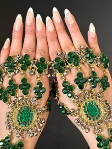 Ensemble de bijoux pour femmes en cristal vert plaqué or vintage, bracelet floral et bagues pour les doigts, bijoux de mode pour mariage - Product Image 6