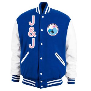 Veste universitaire Jack & Jill avec lettres et écusson d'organisation, bleu roi et blanc, vêtements d'événement de qualité supérieure, approvisionnement en gros - Product Image 1